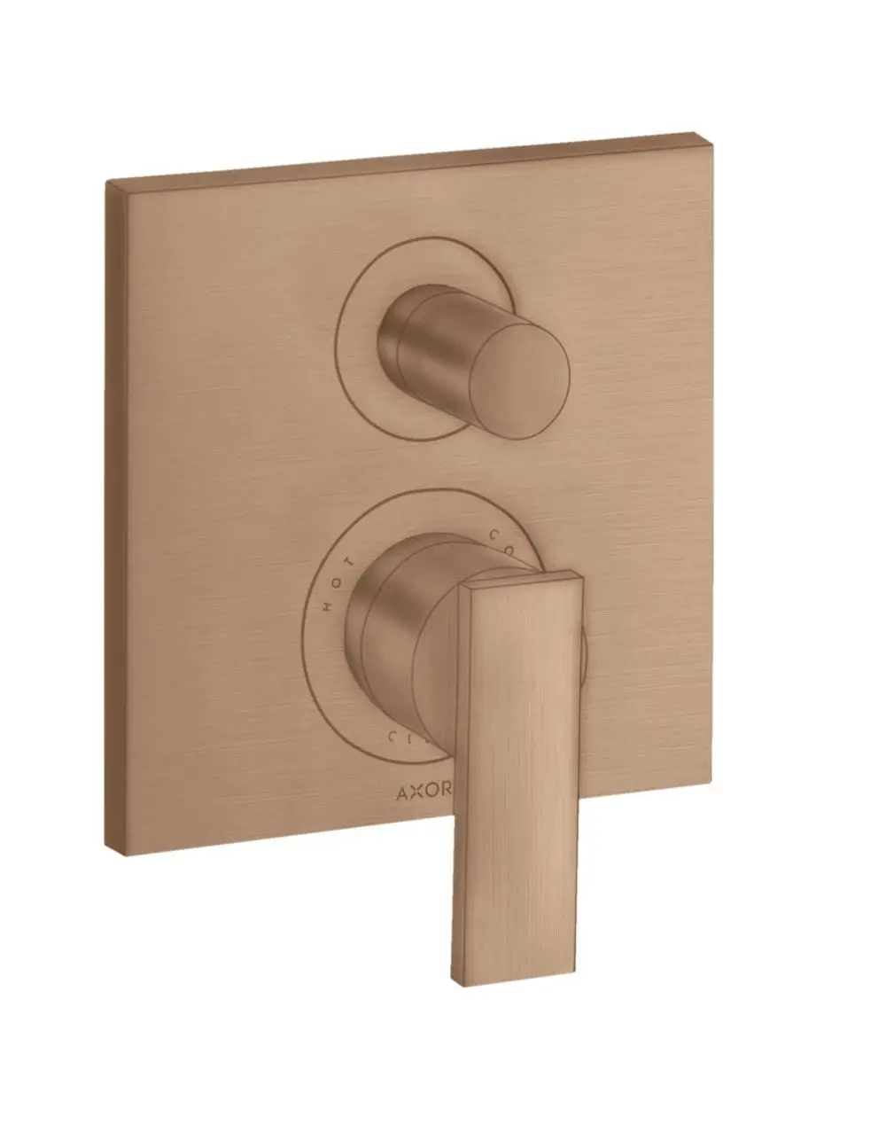 Unterputz-Wannenmischer von AXOR mit zwei Bedienelementen in Brushed Red Gold. Der rechte Hebelgriff steuert den Wasserfluss, während das untere Rädchen die Temperatur reguliert.